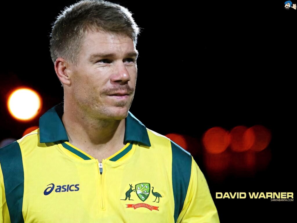David Warner Australian cricket team jersey portrait with red orange bokeh black background wallpaper