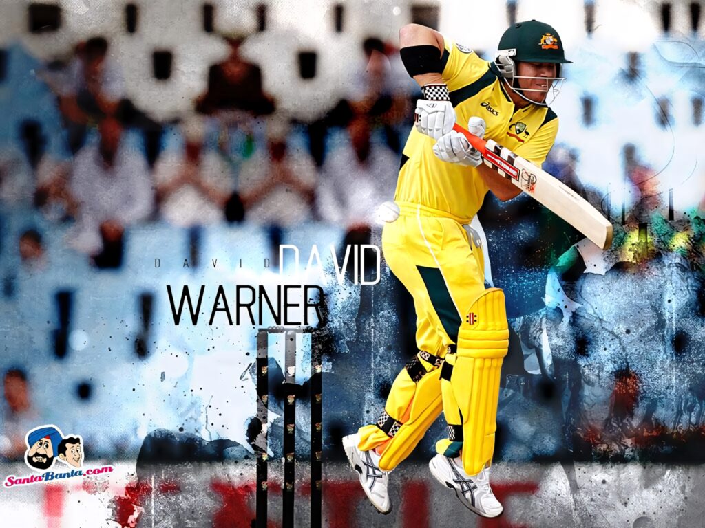 David Warner in yellow cricket uniform striking a powerful shot vibrant digital cricket wallpaper