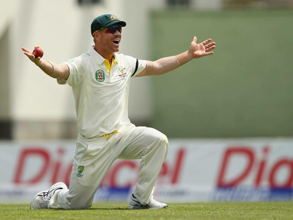 David Warner kneeling in white test uniform and green cap on vibrant cricket pitch intense focus Wallpaper