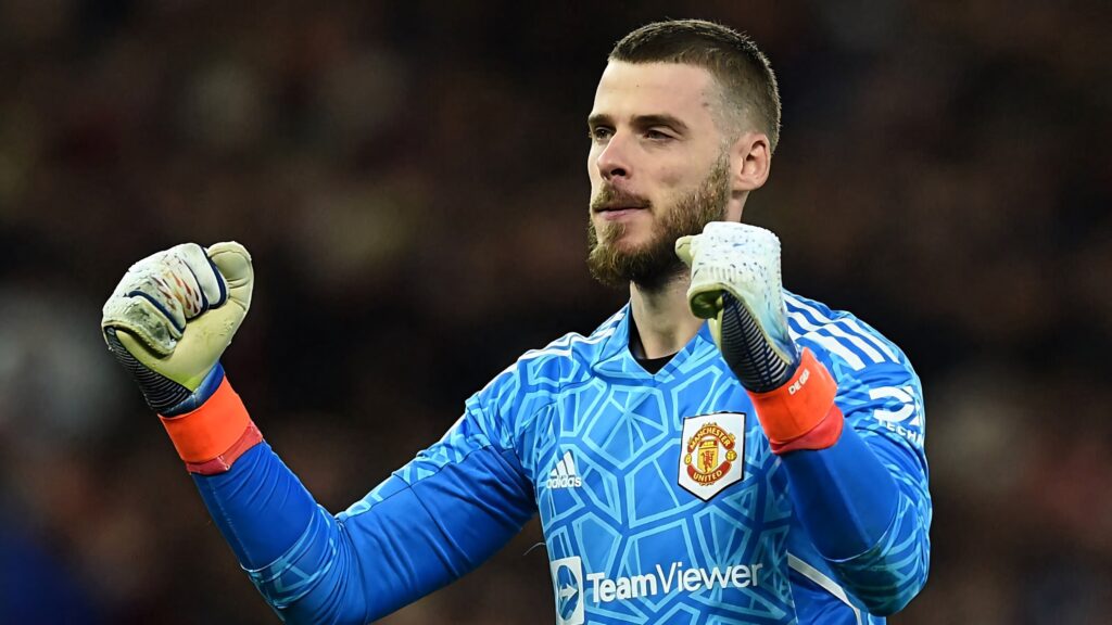David de Gea celebrating in blue Manchester United goalkeeper kit with clenched fists on field Wallpaper