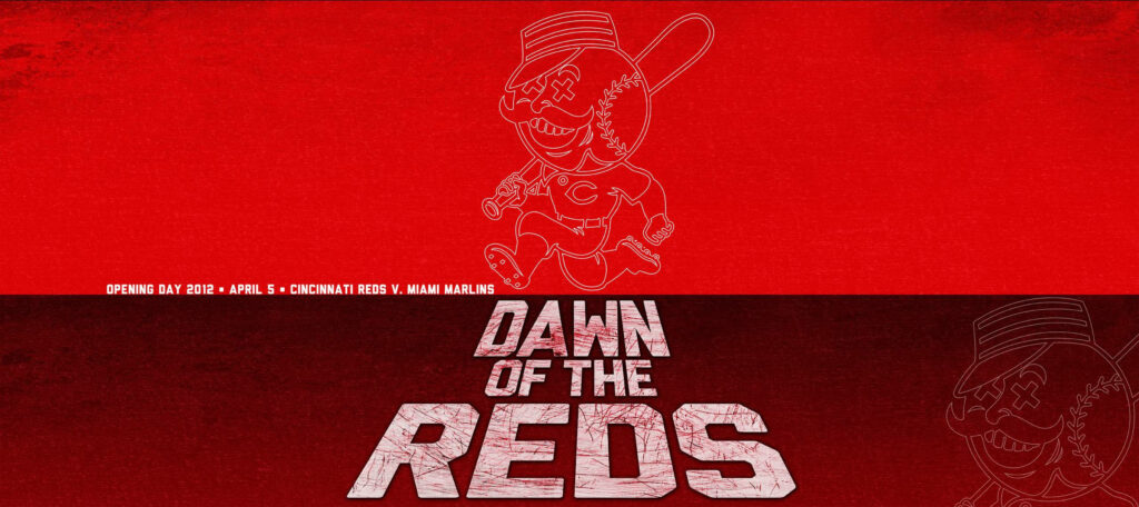 Dawn Of The Reds Cincinnati Reds wallpaper with bold red mascot sketch and dramatic lettering