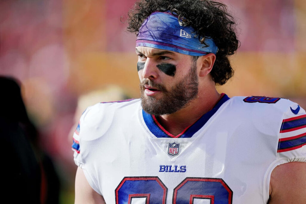 Dawson Knox Buffalo Bills focused intense expression football game wallpaper background bright lighting