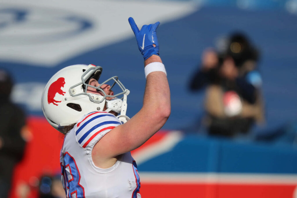 Dawson Knox Buffalo Bills football touchdown celebration vibrant wallpaper action energy