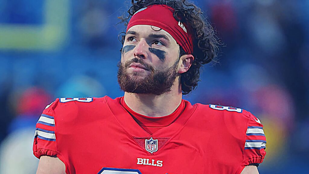 Dawson Knox Buffalo Bills wallpaper intense focus red jersey football fan background energy