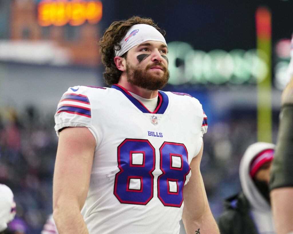 Dawson Knox Buffalo Bills jersey number 88 intense pose vibrant game day wallpaper background