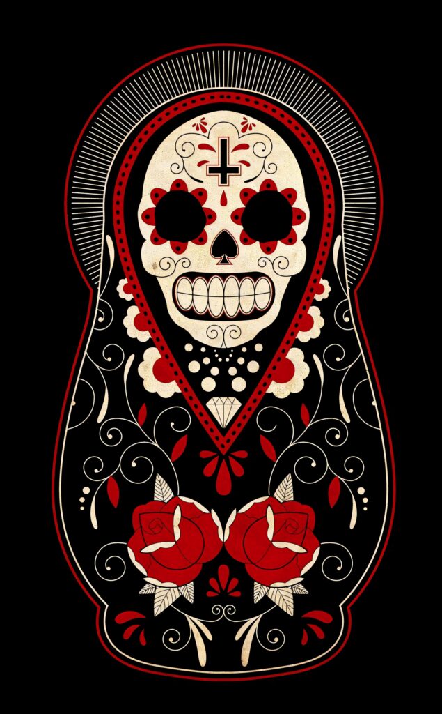 Day of the Dead sugar skull wallpaper with floral patterns and red roses on black background