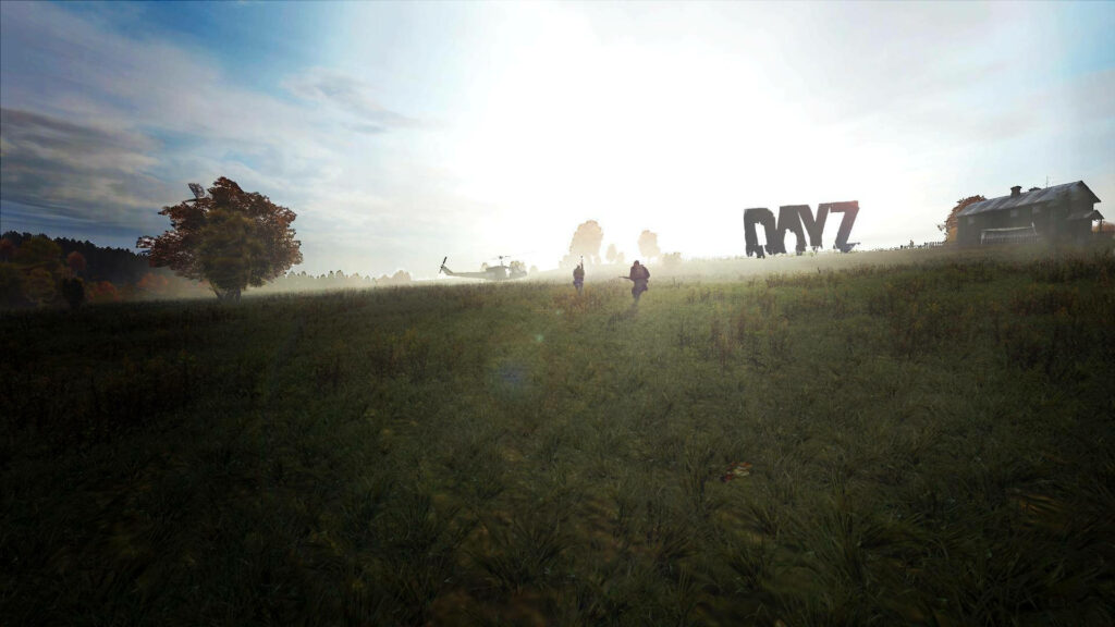Sunlit Adventure: Two Men Sprinting Across a Green Field, Chasing a Helicopter in Daylight Wallpaper
