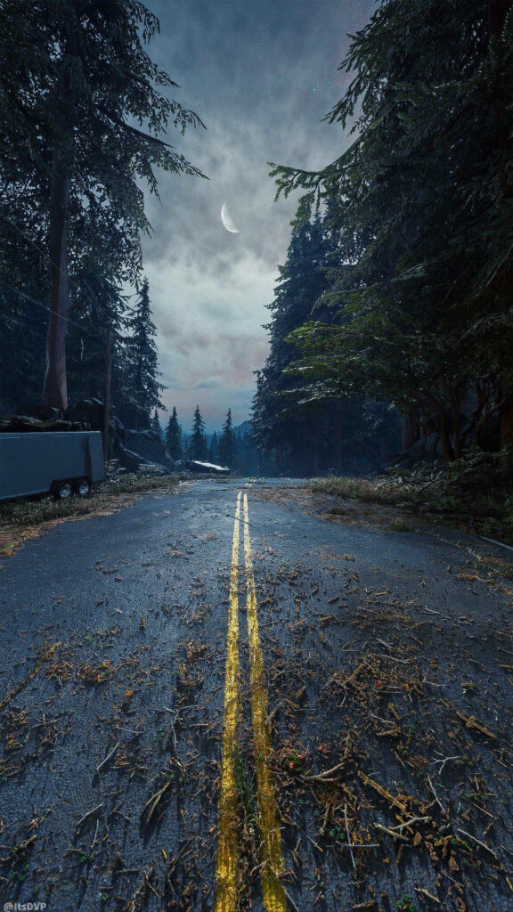 Days Gone wallpaper moody deserted forest road under crescent moon post-apocalyptic scene