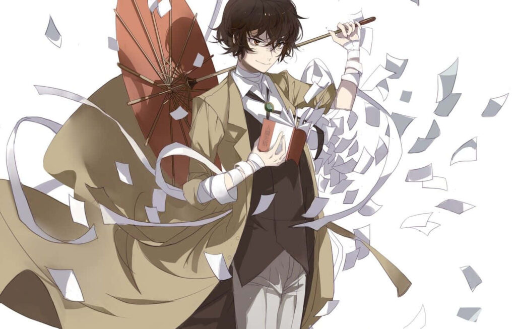 Dazai Osamu: Literature Lover Beneath the Floating Pages Wallpaper