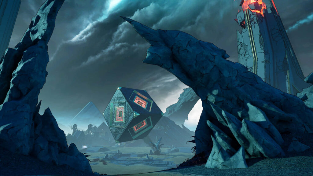 Roaming the Rugged Expanse: A Majestic Borderlands 3 Landscape Reveals Enigmatic Rocks and a Mysterious Cube Amidst an Ominous Sky Wallpaper