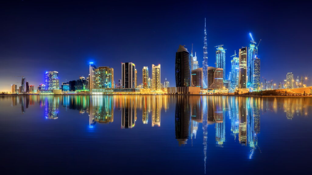 Dazzling Downtown Dubai: A Stunning 8K City Lights Wallpaper Image of UAE's Vibrant Metropolis