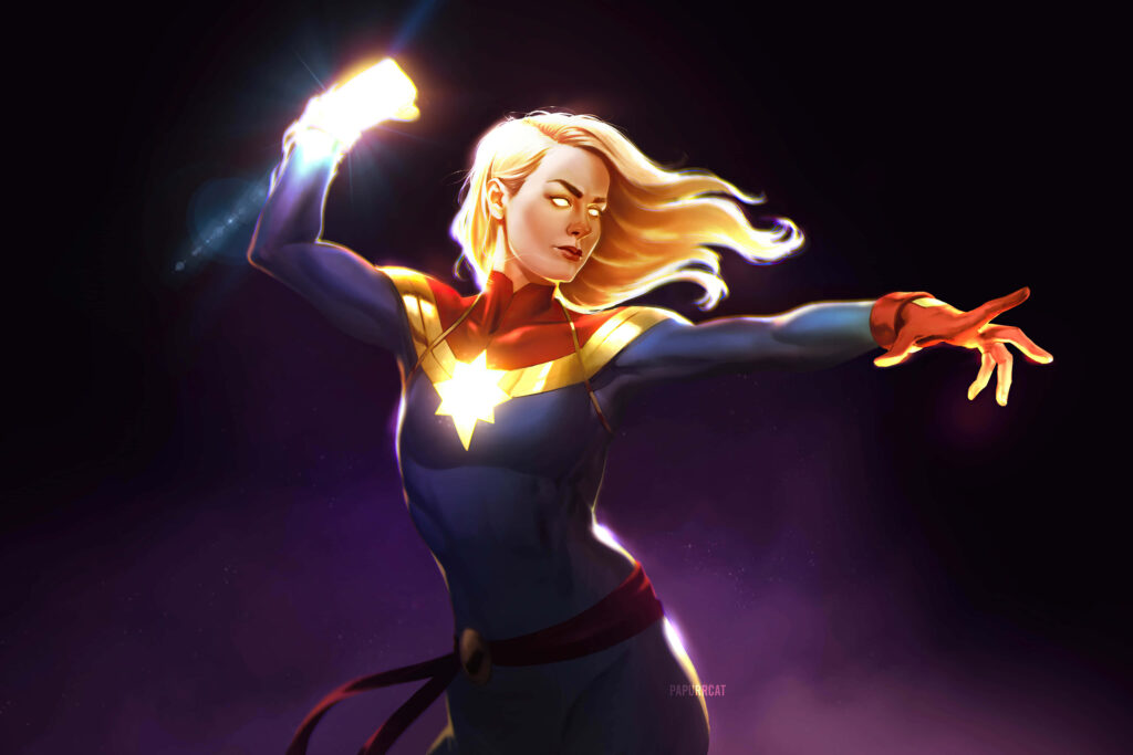 Illuminated Captain Marvel Unleashes Her Mighty Power on Stygian Canvas Wallpaper