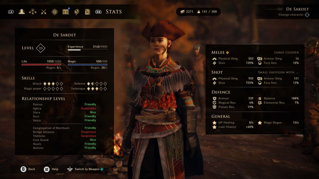 De Sardet level 23 stats screen Greedfall RPG colonial outfit faction relations campfire background Wallpaper