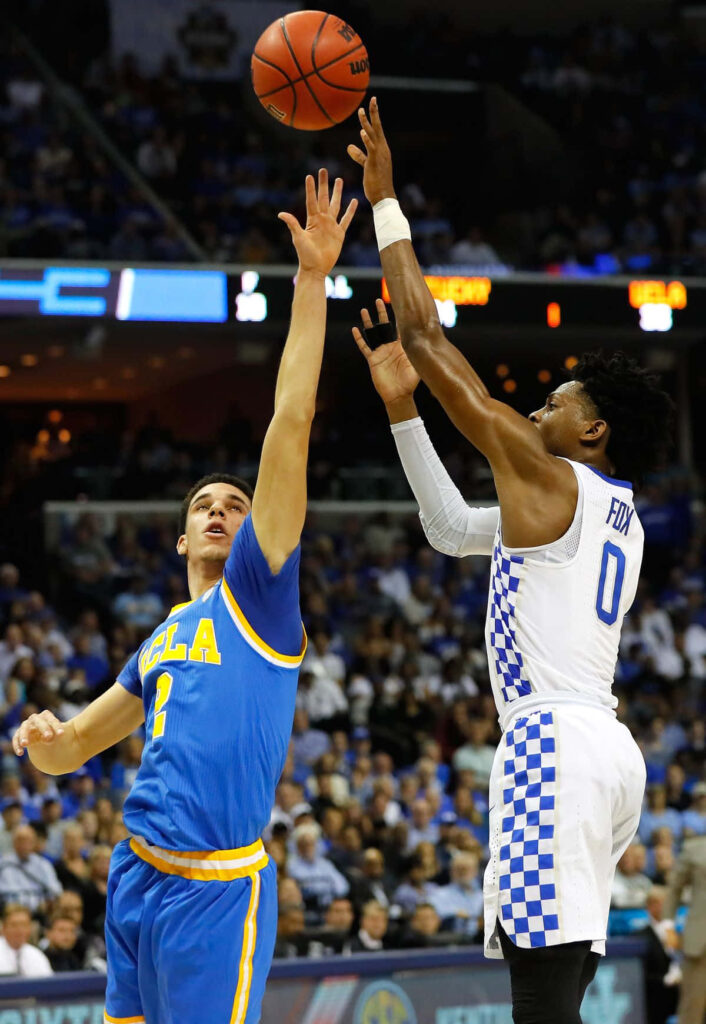 De'Aaron Fox jump shot over Lonzo Ball 2017 NCAA Wildcats vs Bruins basketball tournament action Wallpaper