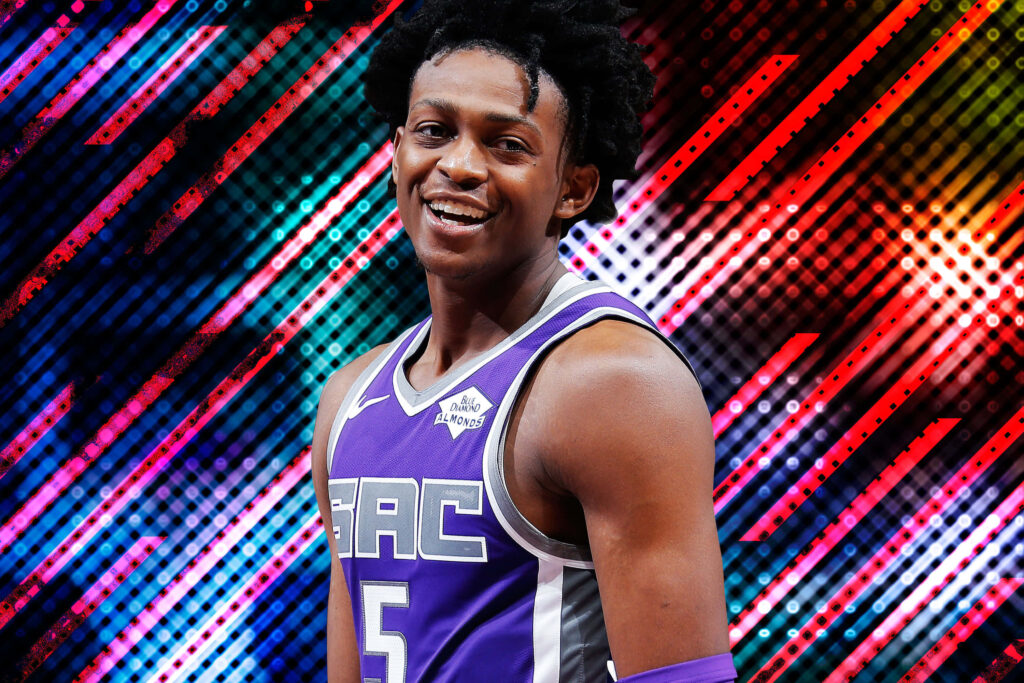 De'Aaron Fox Sacramento Kings dynamic wallpaper with vibrant abstract background and bold lines
