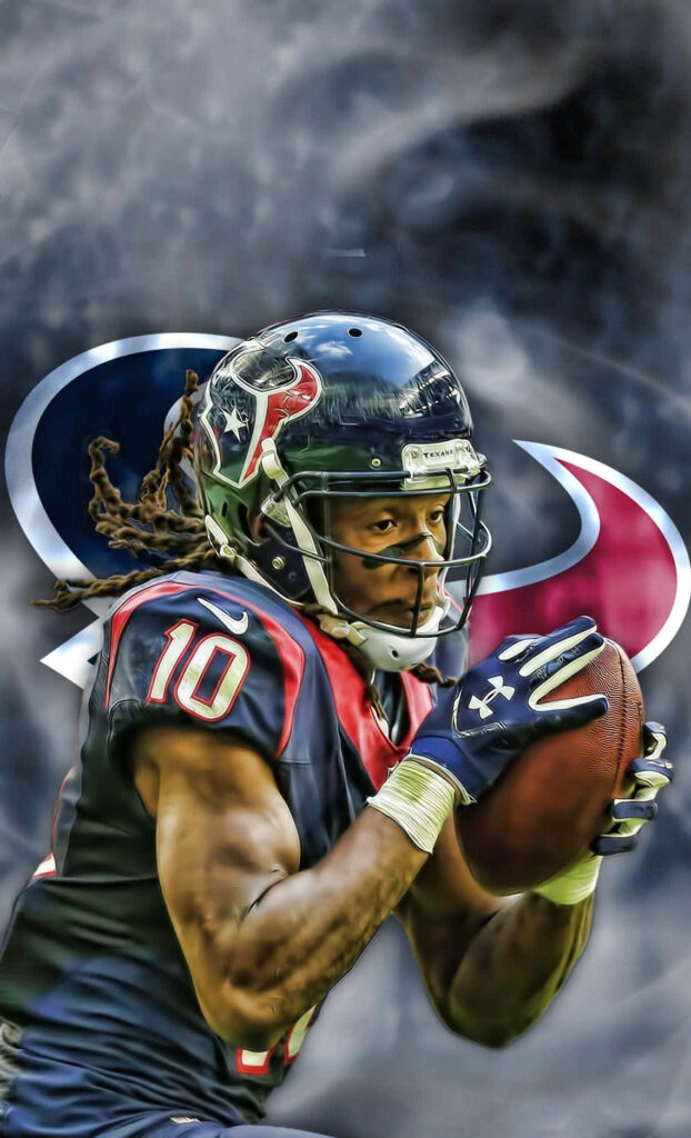 DeAndre Hopkins making a pivotal catch in Texans colors with bold brushstroke football art Wallpaper