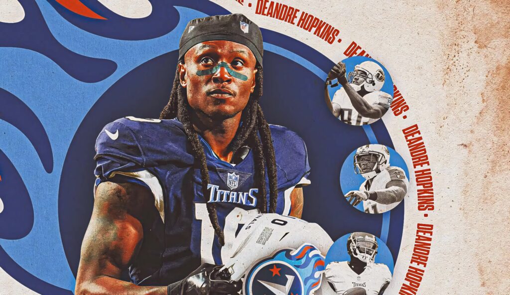 Illustrated DeAndre Hopkins Tennessee Titans wallpaper with bold logo and dynamic blue red background