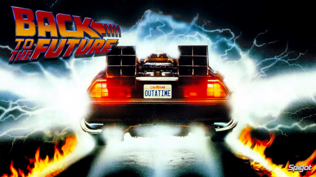 DeLorean car from Back To The Future with glowing lightning and OUTATIME plate wallpaper