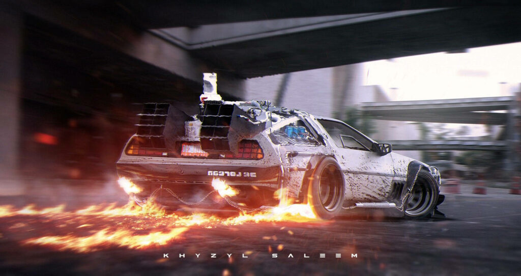 DeLorean from Back to the Future racing through city streets with fiery tire tracks wallpaper