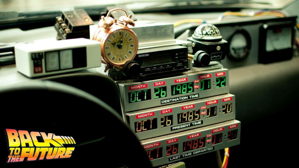 DeLorean dashboard wallpaper showing detailed Back To The Future time circuits and clock