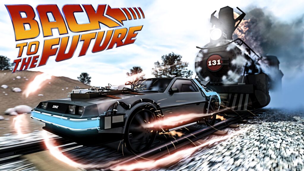 DeLorean racing on railroad tracks with steam locomotive backdrop Back to the Future wallpaper