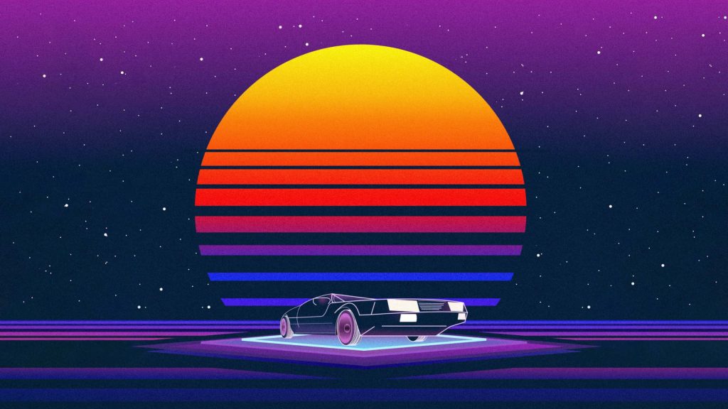 DeLorean DMC-12 synthwave wallpaper with neon grid and retro-futuristic purple sunset background