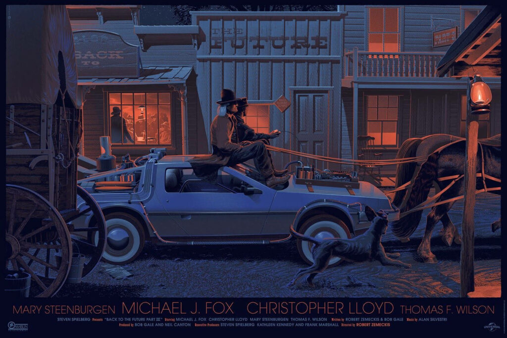 Stylized DeLorean time machine in western town with horse-drawn carriage Back to the Future III Wallpaper