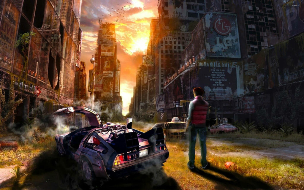 DeLorean time machine steaming in post-apocalyptic city with lone figure red vest orange sky Wallpaper