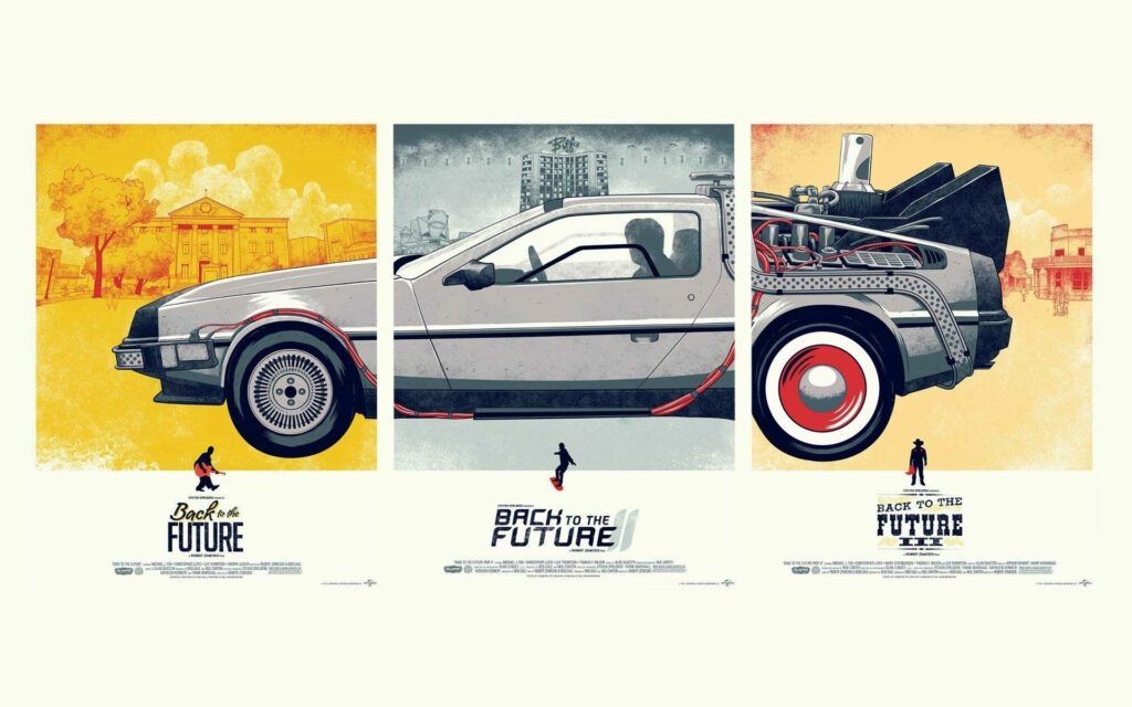 Triptych wallpaper featuring iconic Back To The Future DeLorean with vibrant movie locations background