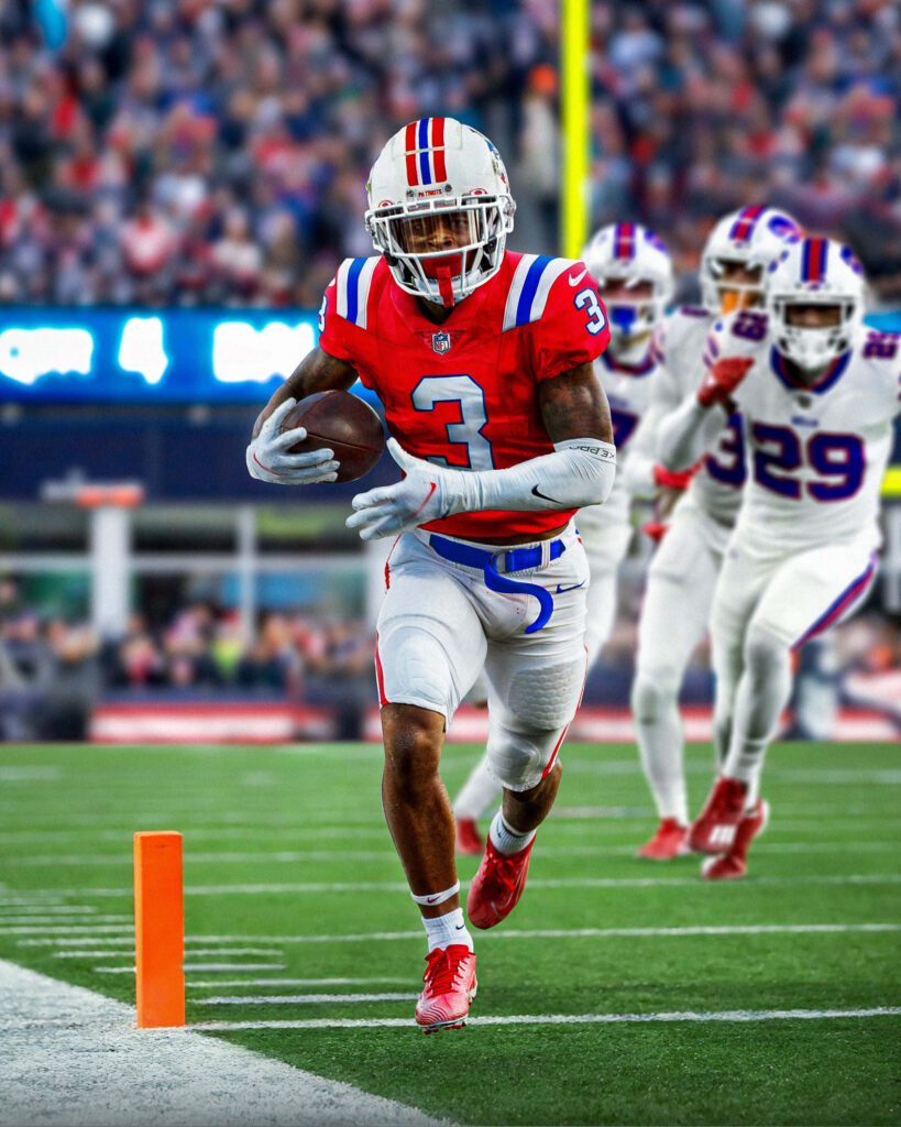 DeMario Douglas sprinting for touchdown in vibrant football action with red white uniform background Wallpaper
