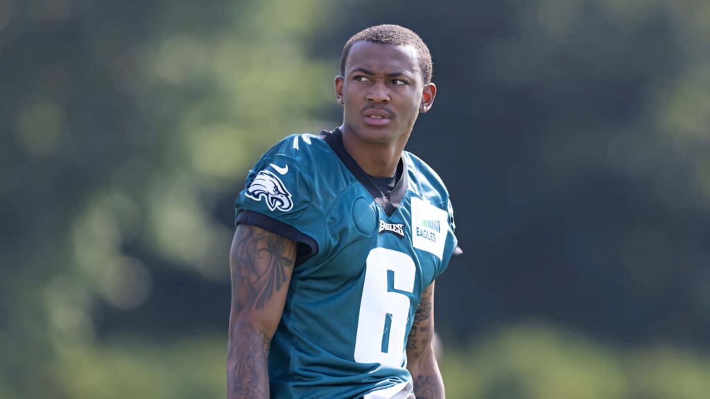 DeVonta Smith Philadelphia Eagles practice outdoors green jersey focused expression tattoos Wallpaper