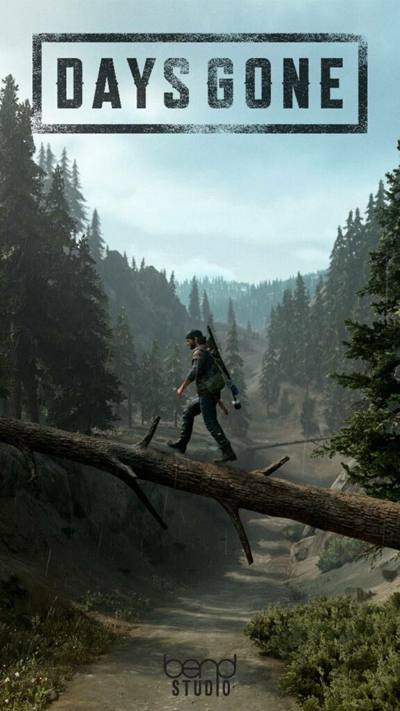 Deacon St John crossing fallen tree in dense pine forest dramatic sky Days Gone post-apocalyptic Wallpaper