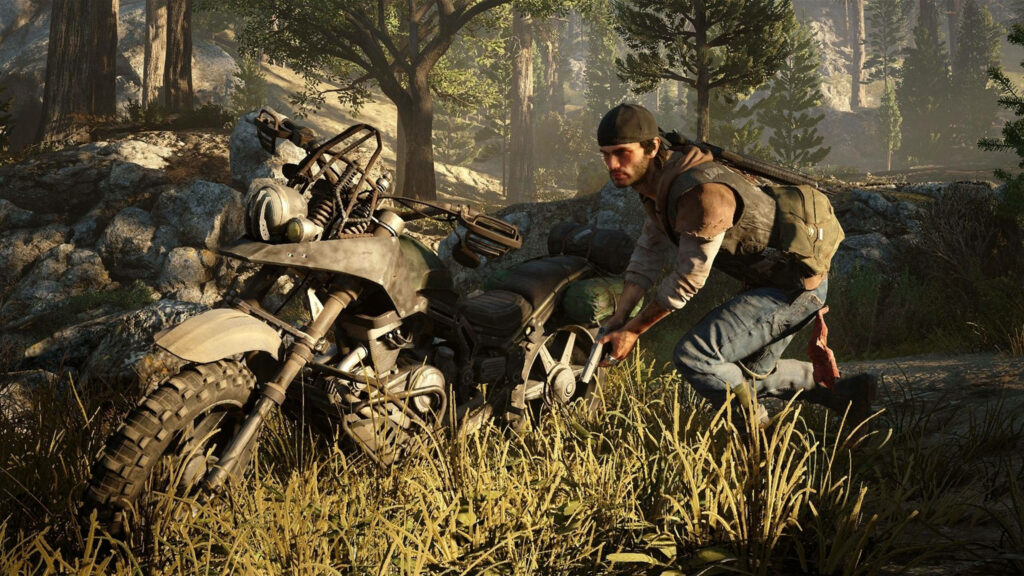 Deacon St John pushing motorcycle in forest sunlight gritty survival post apocalyptic Days Gone wallpaper