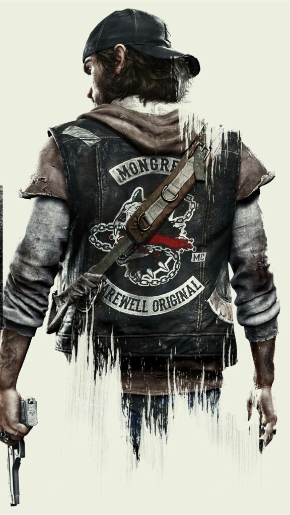 Deacon St John wearing Mongrels MC vest with crossbow and handgun post apocalyptic Days Gone Wallpaper