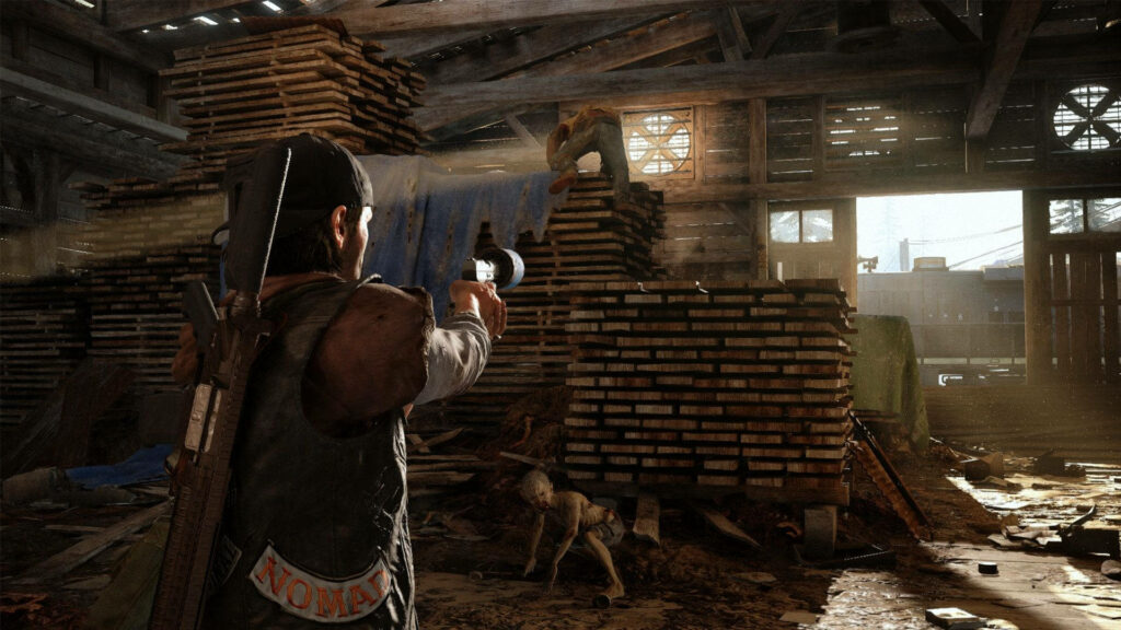 Deacon St John aiming handgun in sunlit post apocalyptic lumber mill Days Gone wallpaper background