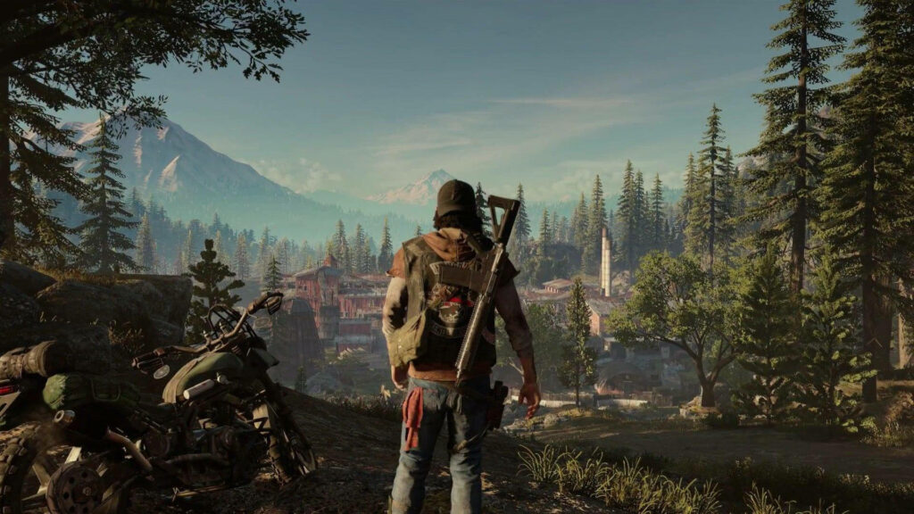 Deacon St John in post-apocalyptic forest with motorcycle rifle overlooking distant settlement wallpaper
