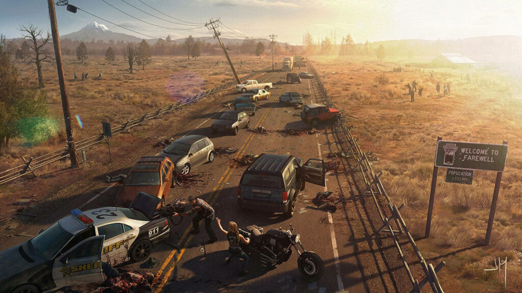 Deacon St John with motorcycle on sunlit rural road amid post-apocalyptic chaos and destruction Wallpaper