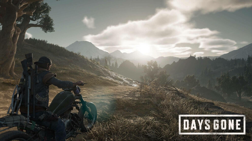 Deacon St John riding motorcycle through rugged sunlit mountains and golden grass landscape Wallpaper