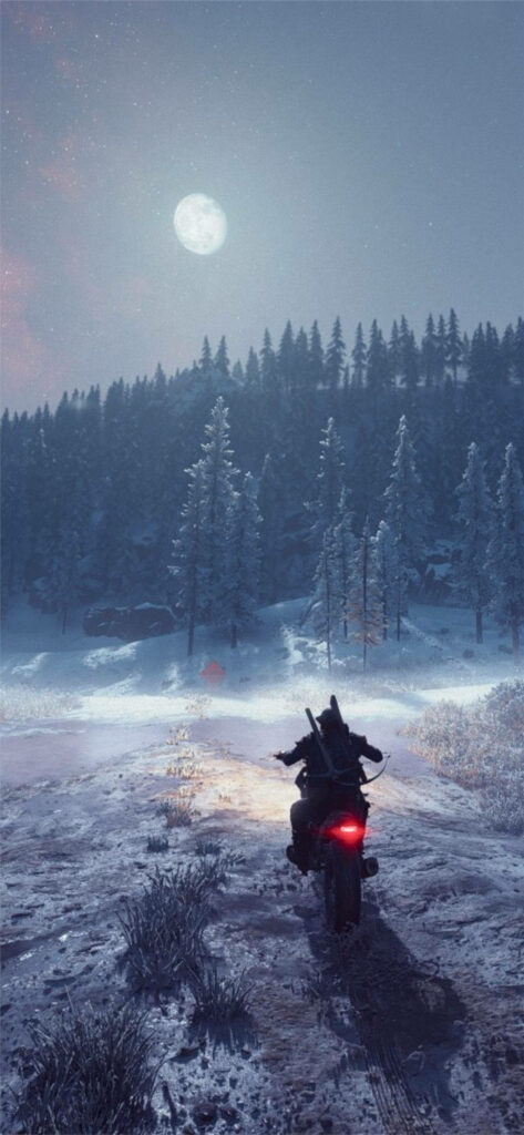 Deacon St John rides motorcycle in snowy forest under full moon winter scene Days Gone wallpaper