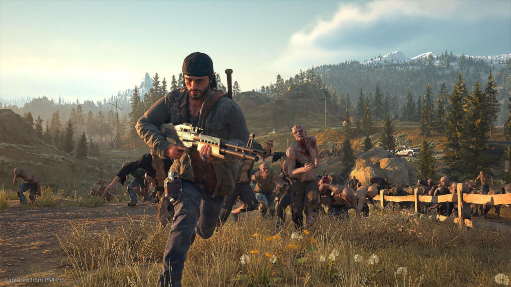 Deacon St John races through rugged terrain pursued by Freakers in tense Days Gone action wallpaper