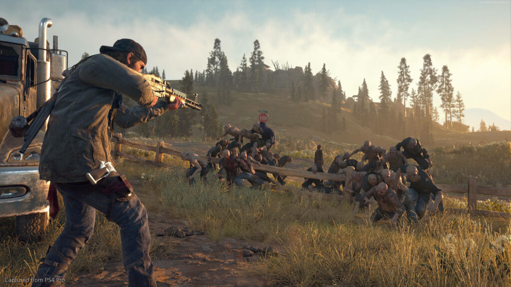 Deacon St John aiming rifle in sunlit field facing zombie horde Days Gone gritty post apocalyptic action Wallpaper
