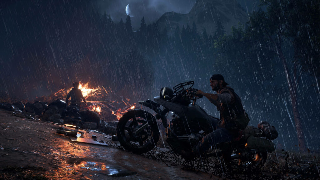 Deacon St John rides motorcycle in rainy forest with campfire post-apocalyptic survival wallpaper