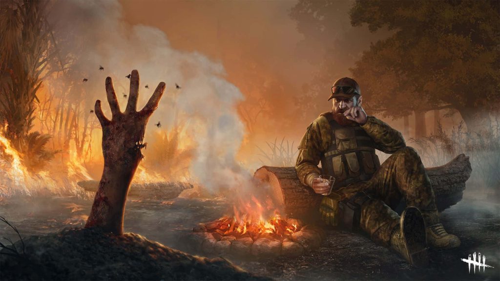 Dead by Daylight wallpaper of Bill Overbeck resting by campfire in burning forest smoke background