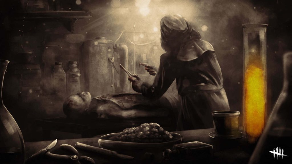 Dark Dead by Daylight wallpaper grim experimental surgery in dim lab with glowing vial and figure