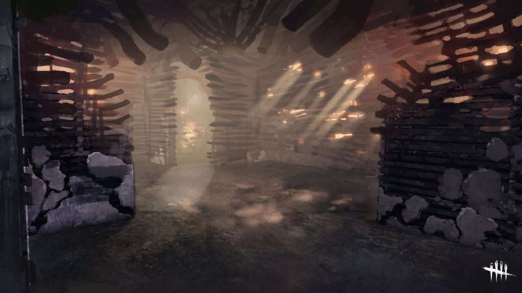 Dead by Daylight digital wallpaper dark industrial room wooden slats god rays eerie ambiance