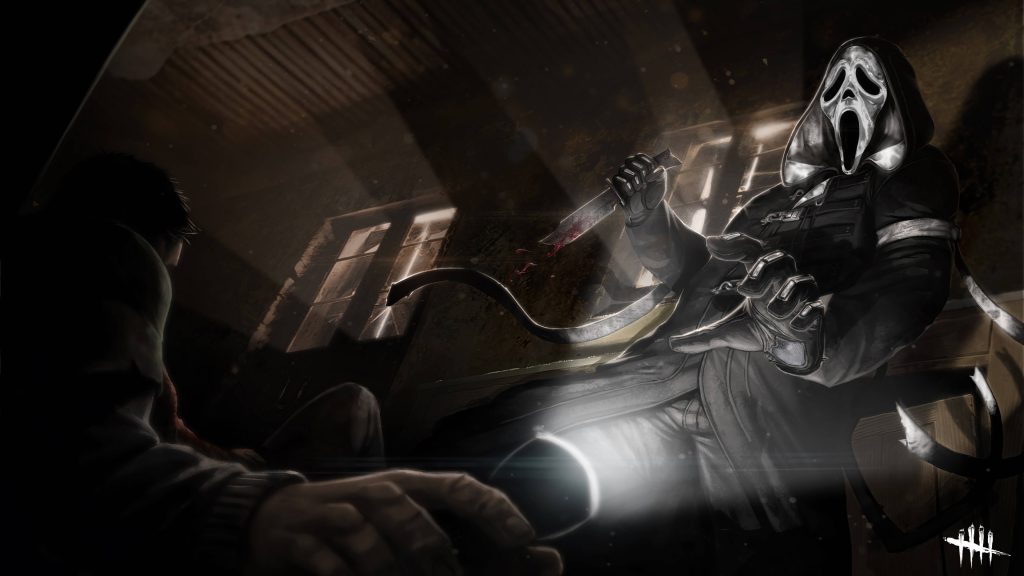 Ghostface from Dead by Daylight with bloodied knife chasing survivor holding flashlight in dark scene Wallpaper