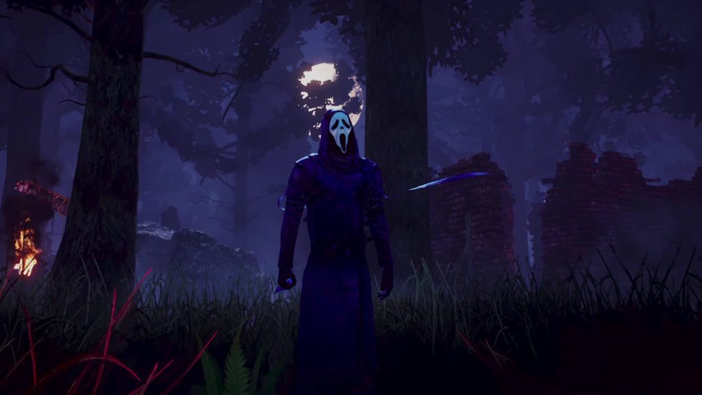 Dead by Daylight Ghostface wallpaper showing iconic killer in moonlit eerie purple forest background