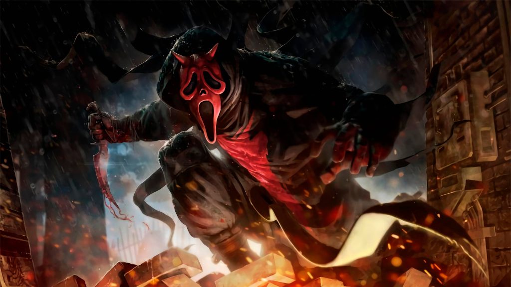 Dead by Daylight Ghostface wallpaper with red devil mask rain embers and bloodied blade