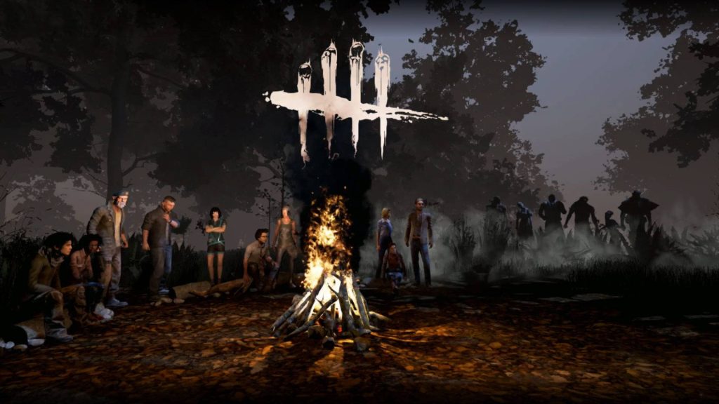 Dead by Daylight lobby scene with survivors around campfire in dark misty forest horror wallpaper