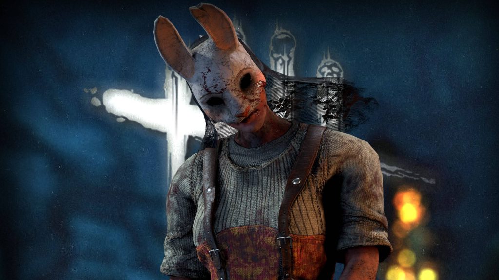 Dead by Daylight Huntress wallpaper with blood-stained rabbit mask on dark blue background